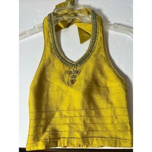 Vintage Indian Beaded Yellow Iridescent Halter‎ Top Boho Festival Size XXS.    K
